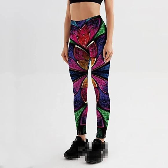 XXL Womens Colorful Metal Leaf Leggings Digital Print Slim - Picture 1 of 5